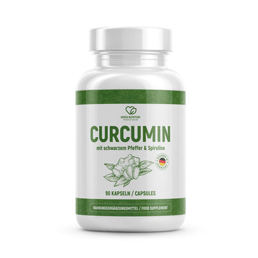 Weiße Kunststoffdose CURCUMIN mit 90 Kapseln, grünem Etikett und Abbildung von Kurkuma